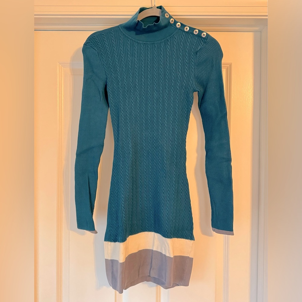 Guess 2006 Y2K Teal Mock Neck Sweater Dress Cable Knit with Bottons Color Block